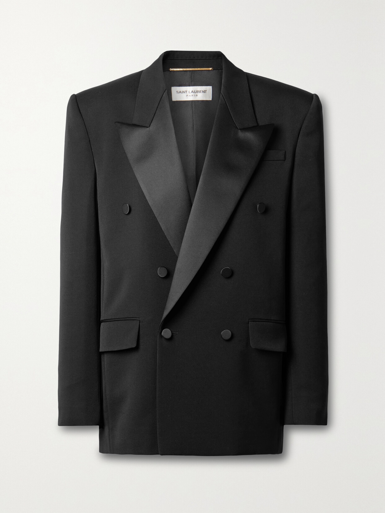 Shop Saint Laurent Double-breasted Silk-satin Trimmed Wool-twill Blazer In Black