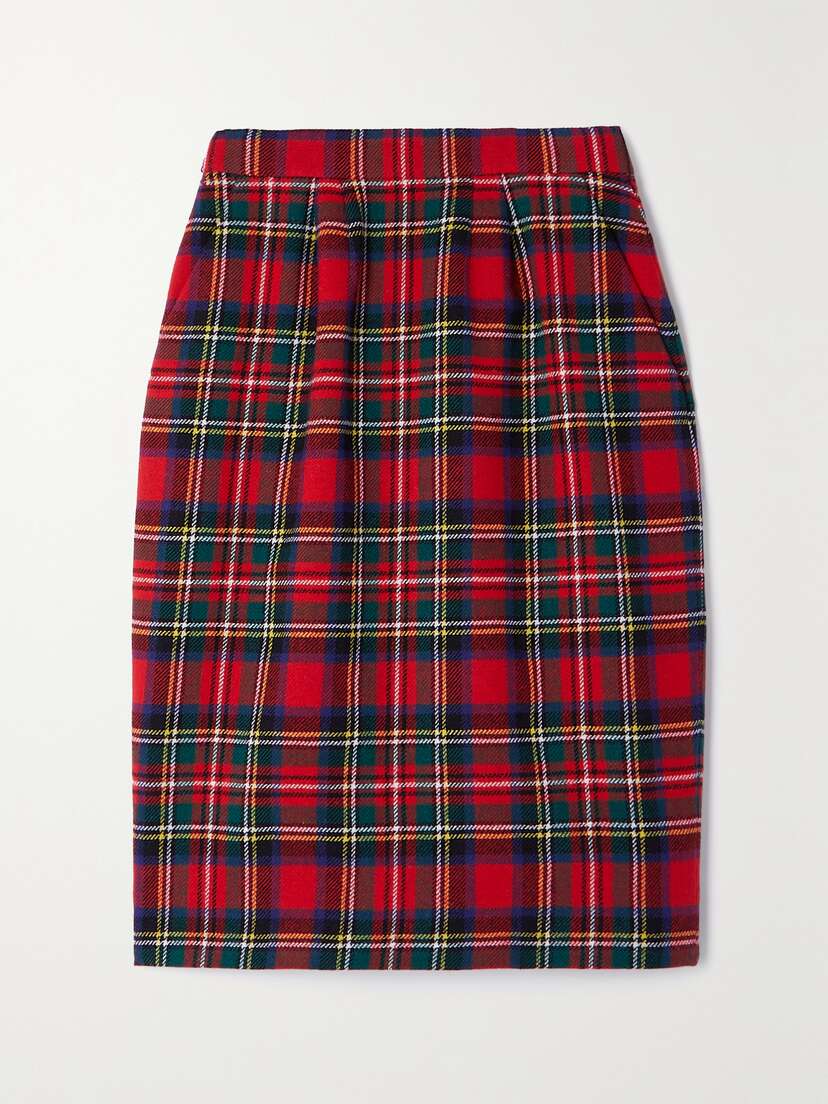 SAINT LAURENT Pleated Checked Wool-blend Skirt