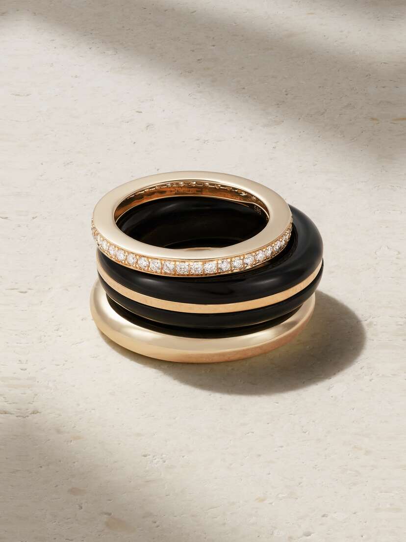 By Pariah + Net Sustain The Albert, Essential And Triple Eternity Set Of Three 14-karat Recycled Gold, Onyx And Laboratory-grown Diamond Rings