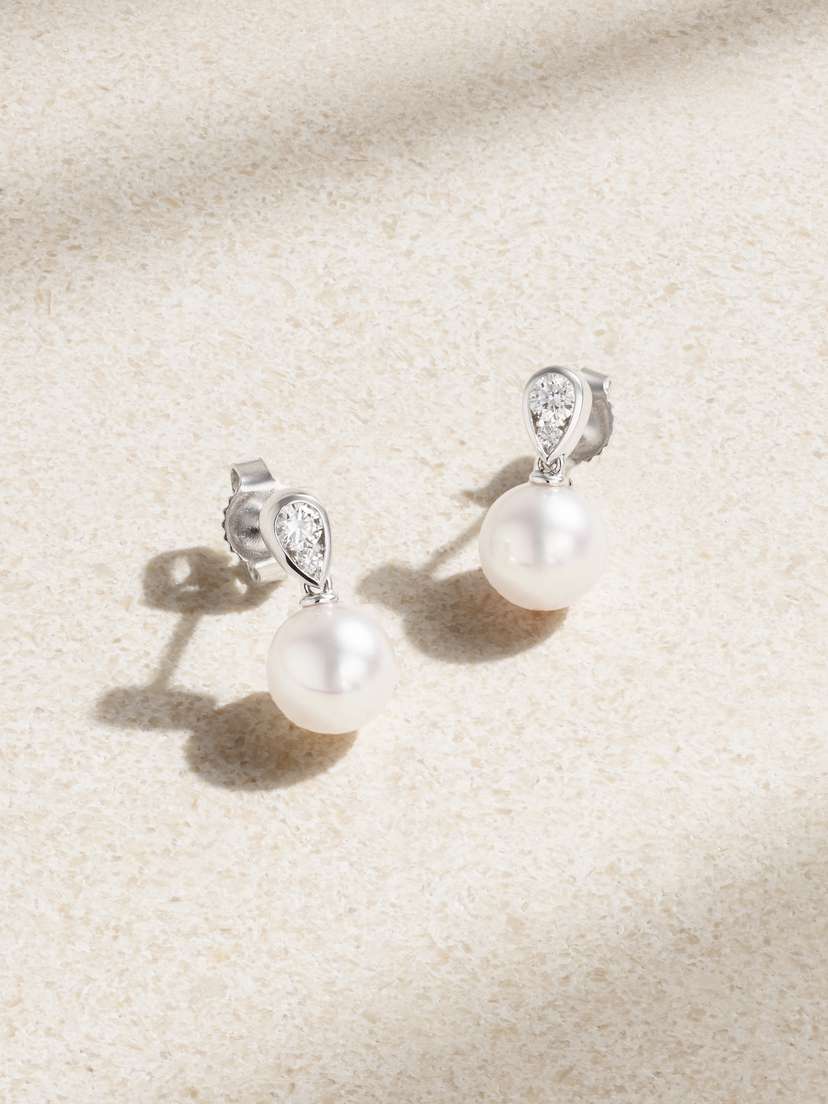 Mikimoto Morning Dew 18-karat White Gold, Pearl And Diamond Earrings