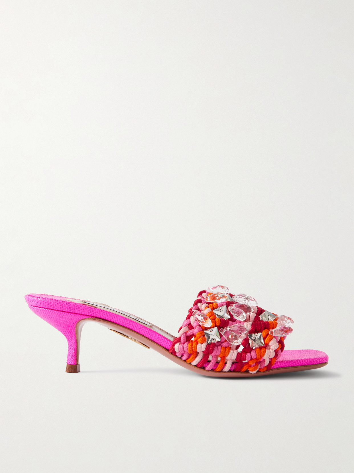 Aquazzura Crystal Cote Embellished Crocheted Cotton Mules In Pink