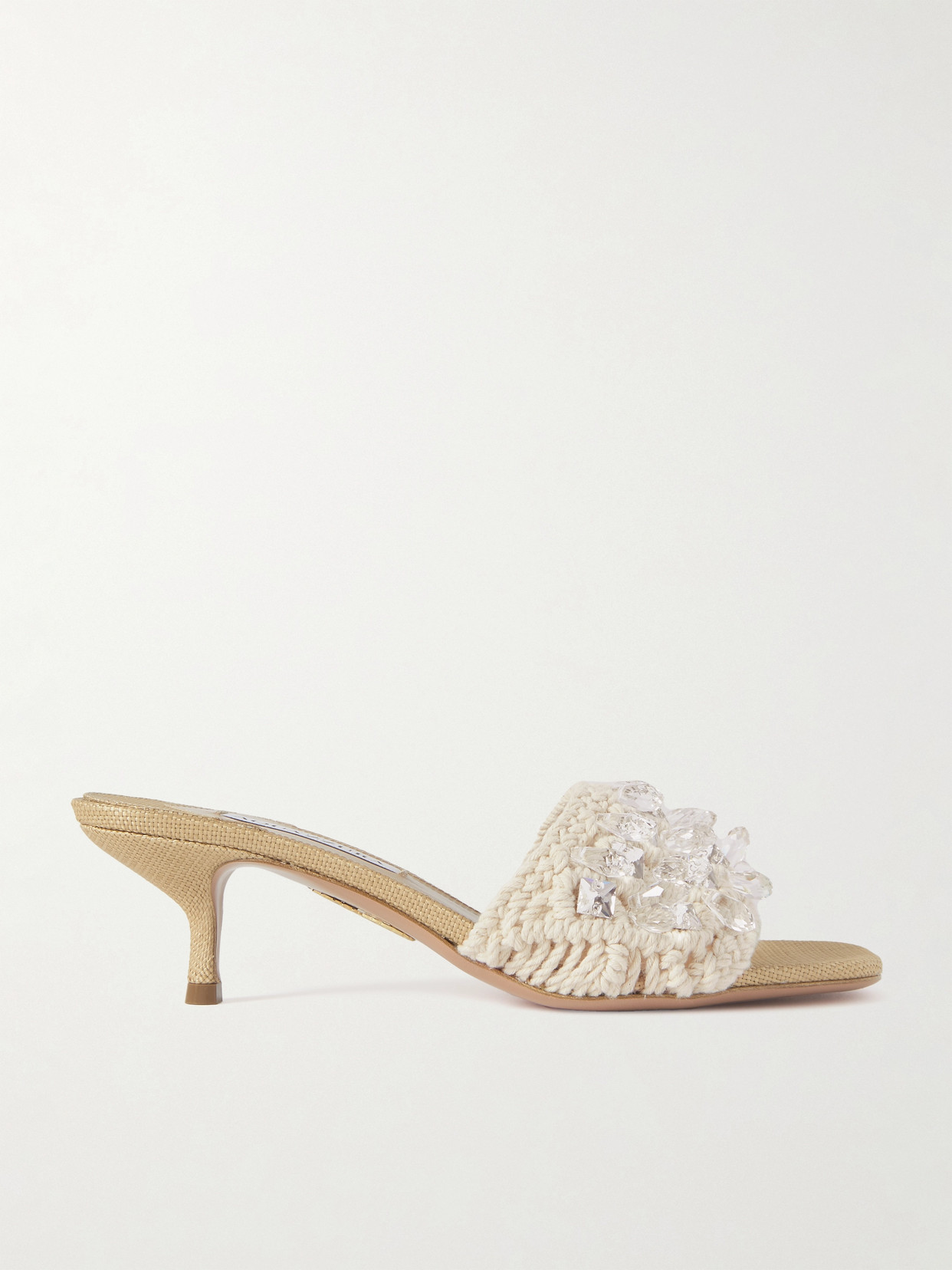 Shop Aquazzura Crystal Cote Embellished Crocheted Cotton Mules In Neutrals