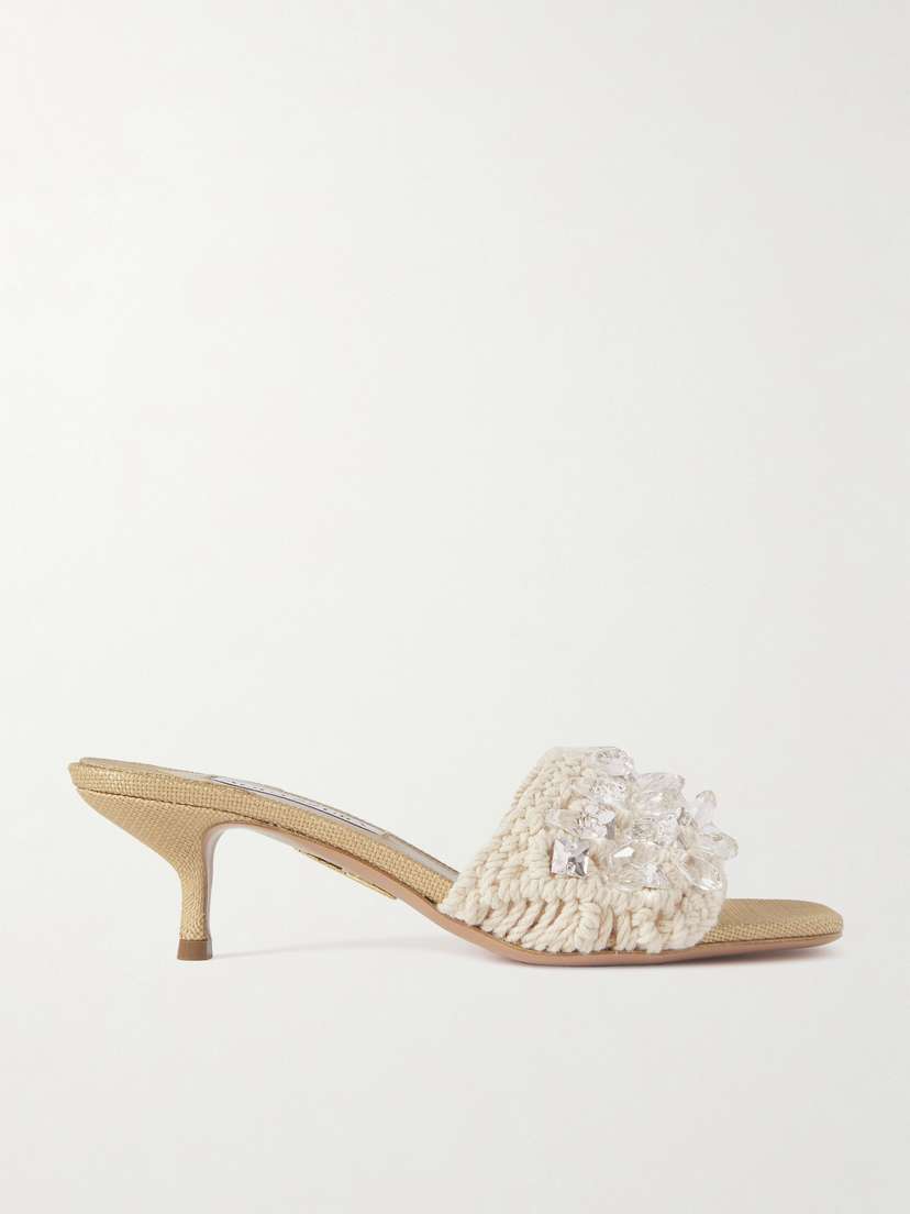 Aquazzura Crystal Cote Embellished Crocheted Cotton Mules