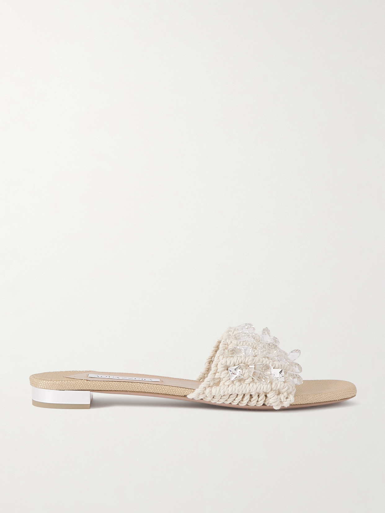 Aquazzura Crystal Cote Embellished Crocheted Cotton Sandals In Neutrals