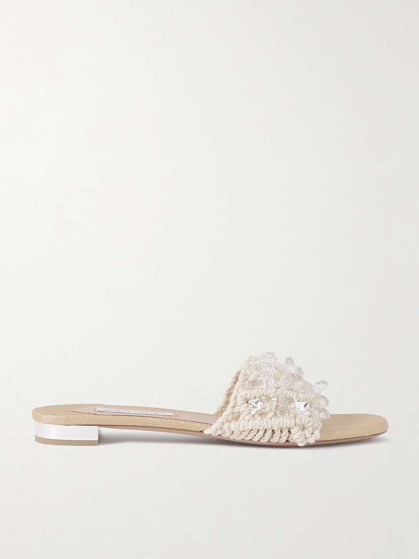 Aquazzura Crystal Cote Embellished Crocheted Cotton Sandals