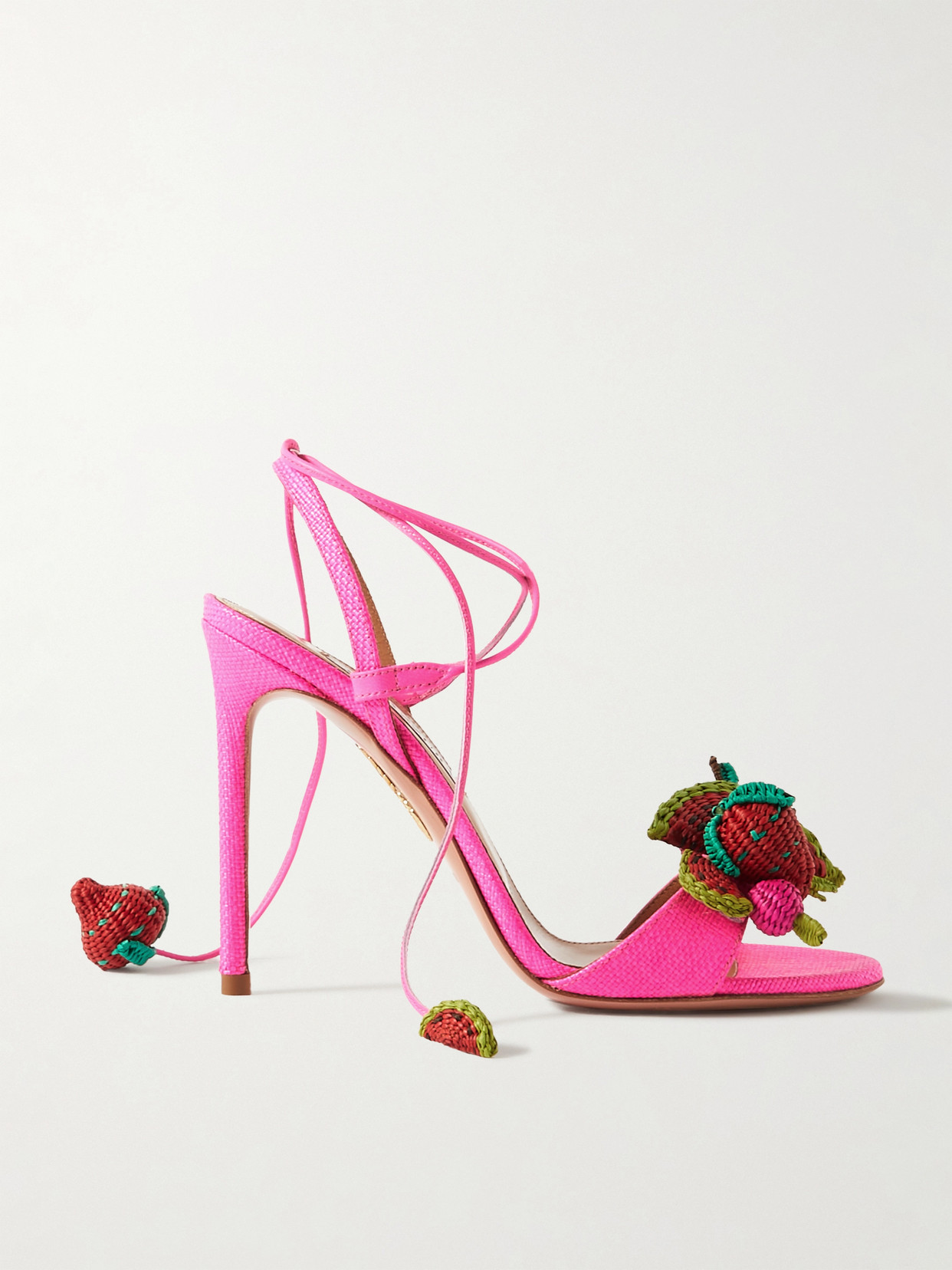 Aquazzura Strawberry Punch Embellished Raffia Sandals In Pink