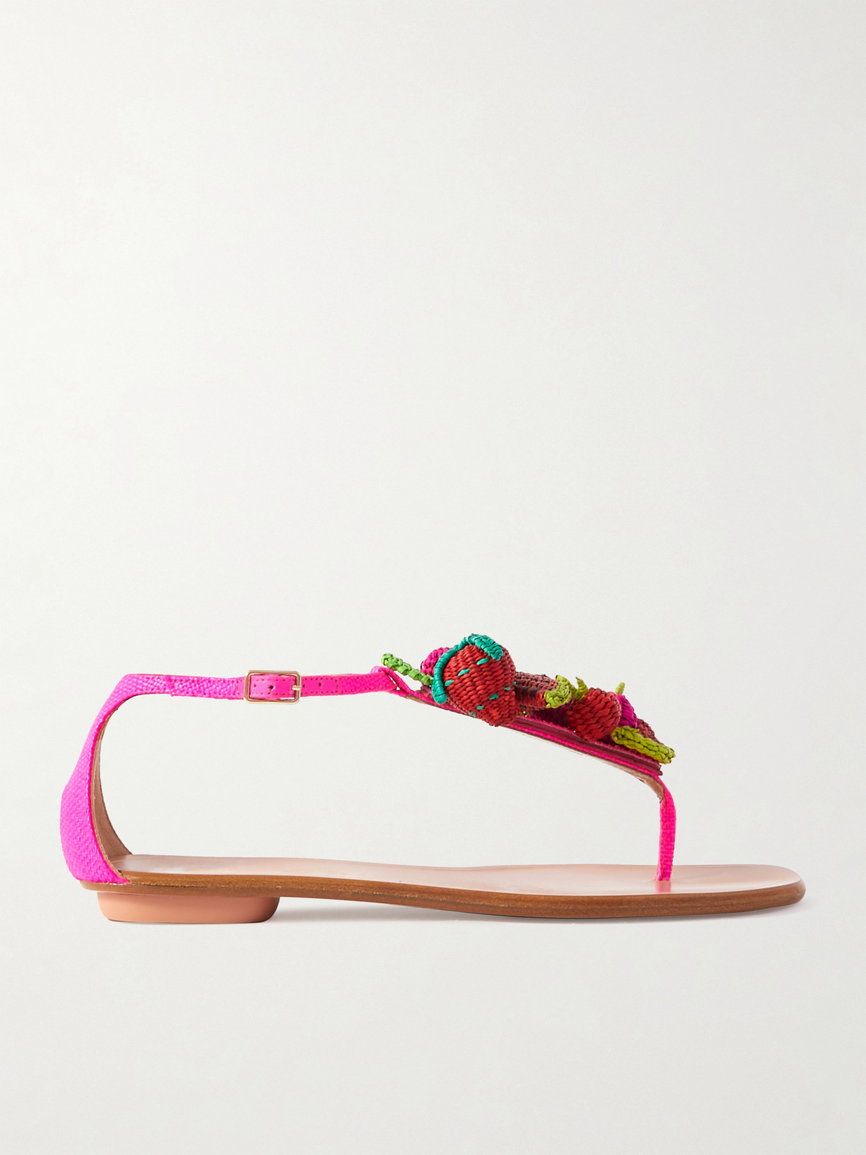 Shop Aquazzura Strawberry Punch Embellished Woven Raffia Sandals In Pink