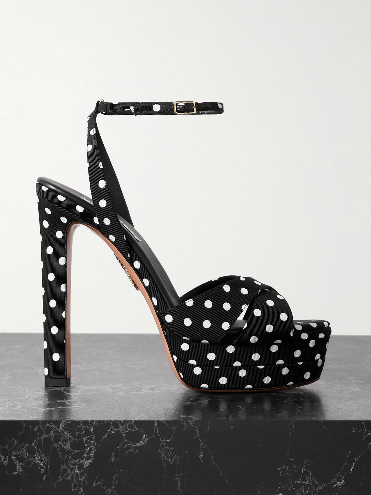 Aquazzura Divine 130 Polka-dot Grosgrain Platform Sandals In Black