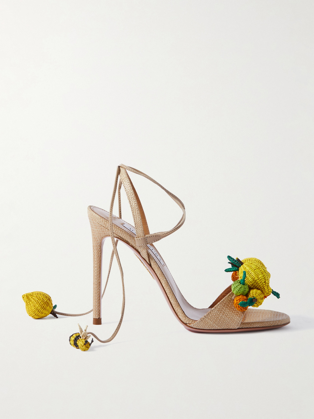 Shop Aquazzura Citrus Punch Embellished Raffia Sandals In Yellow