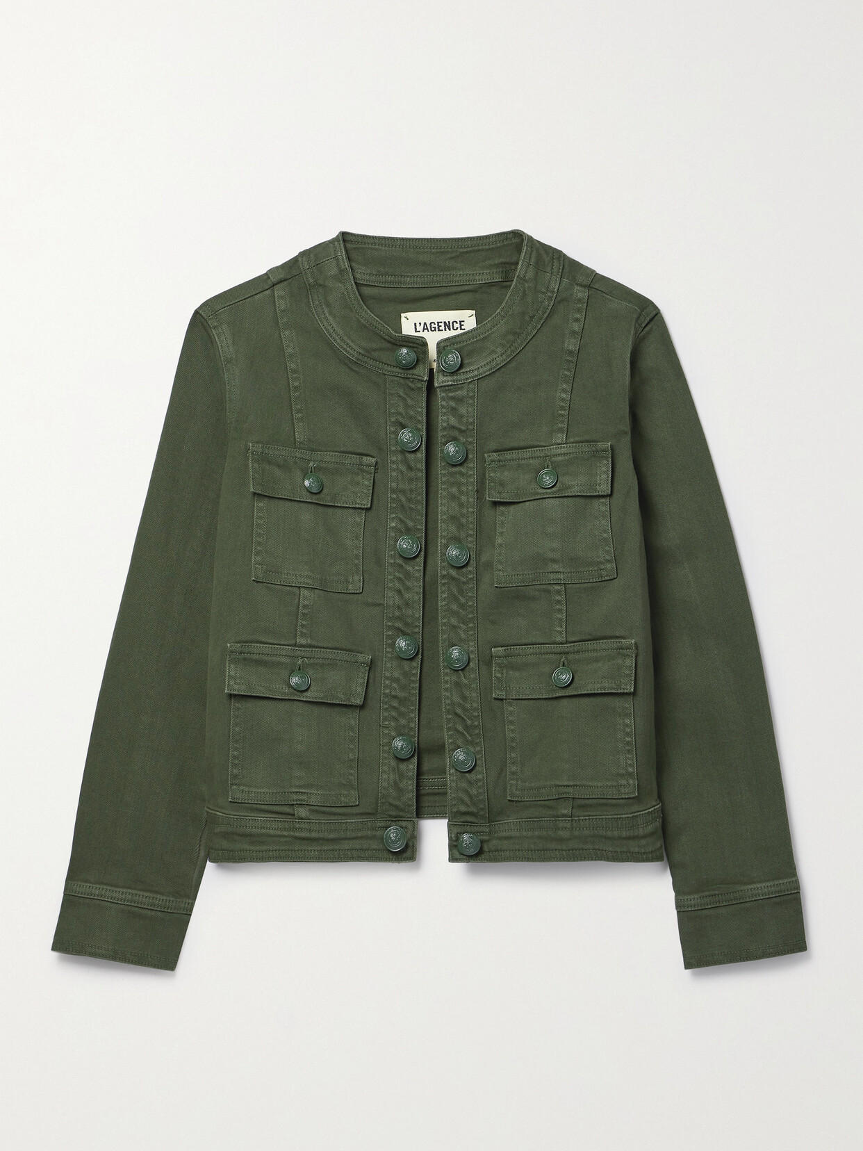 L'agence Yari Collarless Denim Jacket In Green
