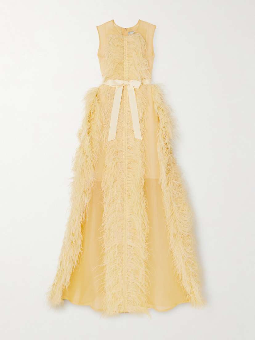 Huishan Zhang Beau Feather And Grosgrain-trimmed Silk-organza Gown