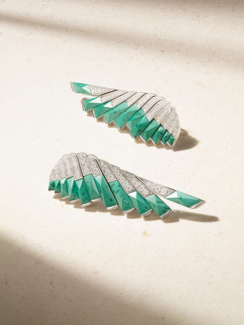 Garrard Wings 18-karat White Gold, Malachite And Diamond Earrings