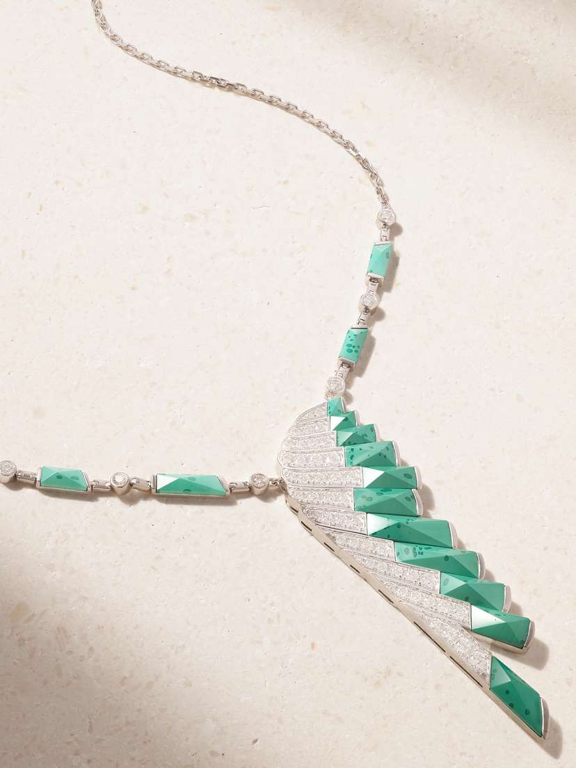 Garrard Wings Rising 18-karat White Gold, Malachite And Diamond Necklace