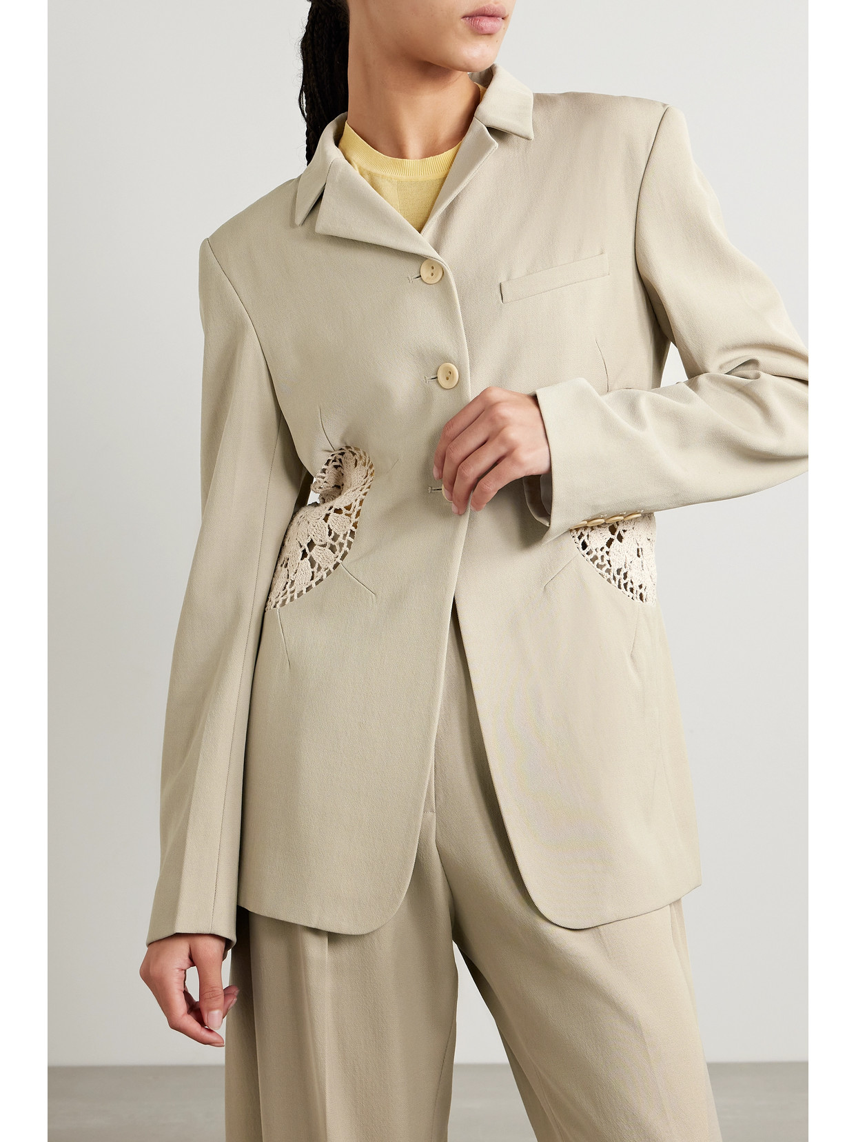 Shop Diotima Long Tower Crochet-trimmed Wool-twill Blazer In Neutrals