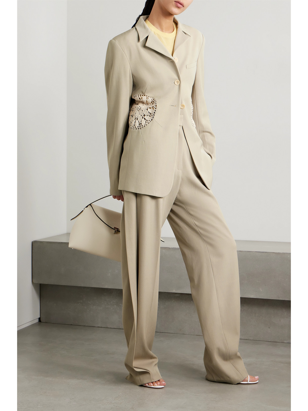 Shop Diotima Long Tower Crochet-trimmed Wool-twill Blazer In Neutrals