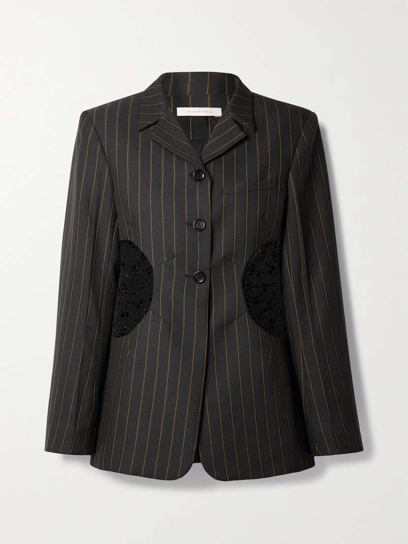 Diotima Long Tower Crochet-trimmed Pinstriped Crepe Blazer