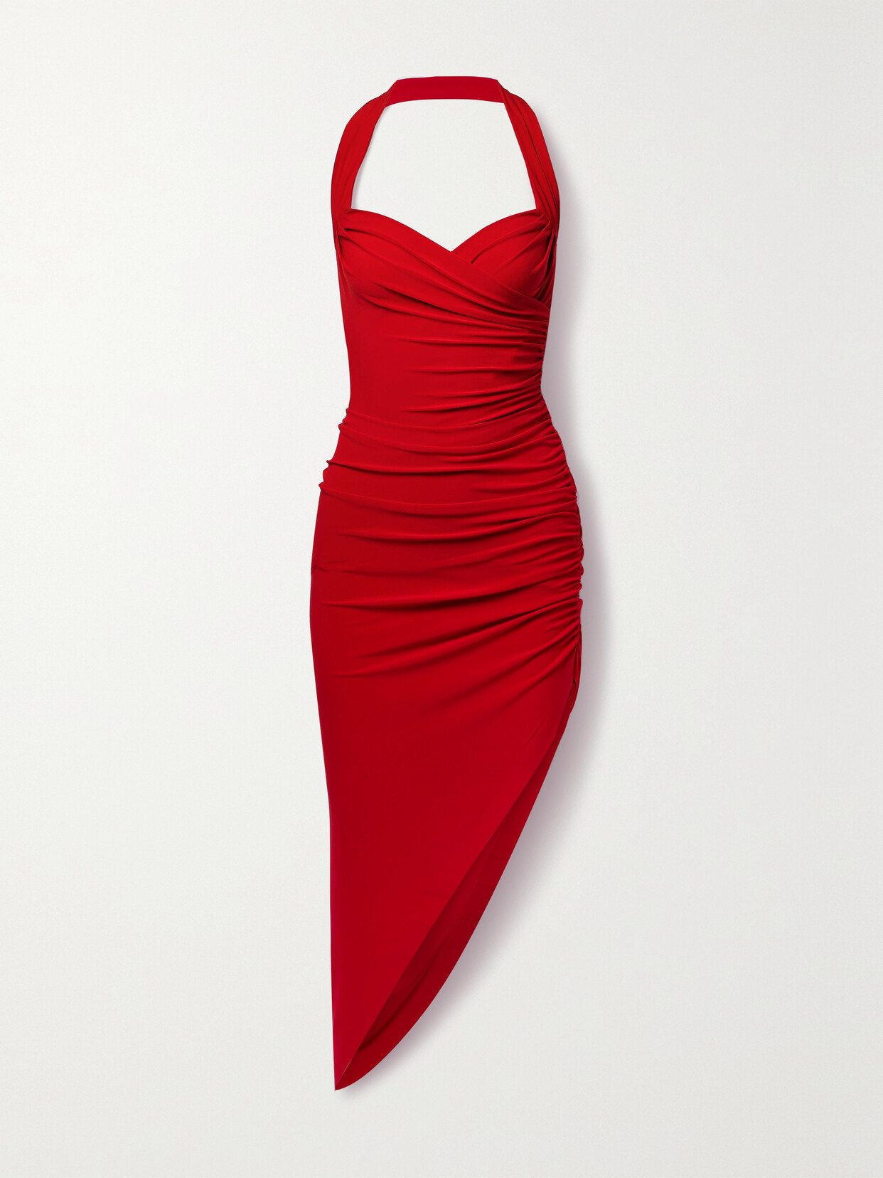 Shop Norma Kamali Cayla Asymmetric Draped Stretch-jersey Midi Dress In Red