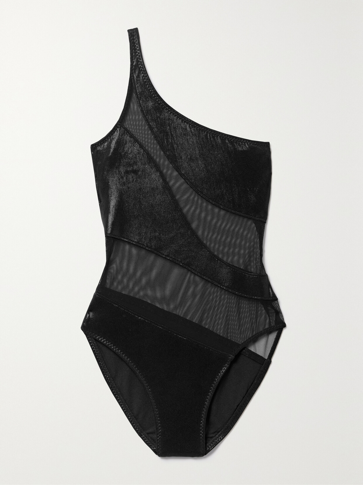 Shop Norma Kamali Snake One-shoulder Mesh-paneled Lamé Swimsuit In Black