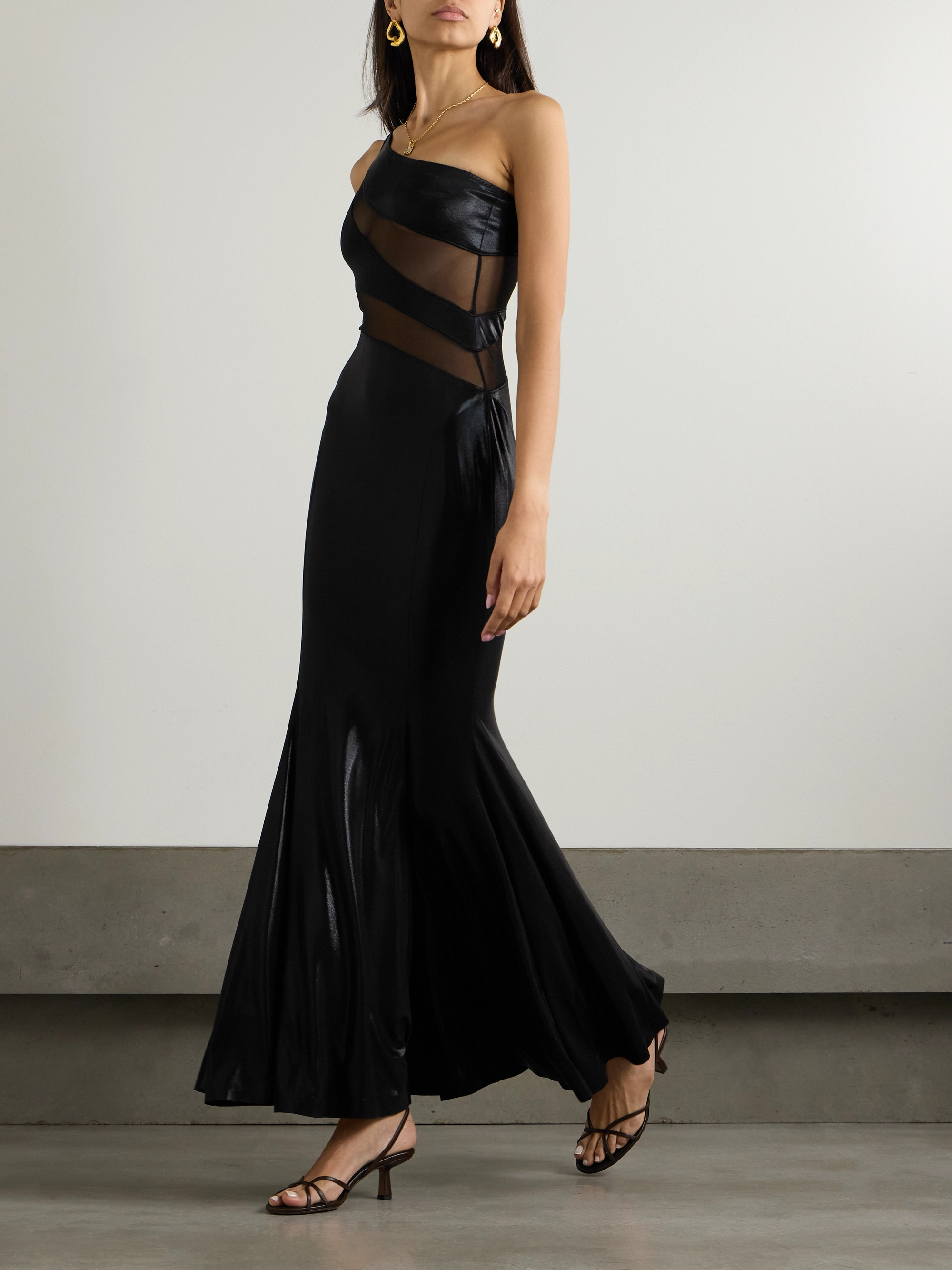 Norma Kamali Snake one-shoulder mesh-paneled metallic stretch-jersey gown