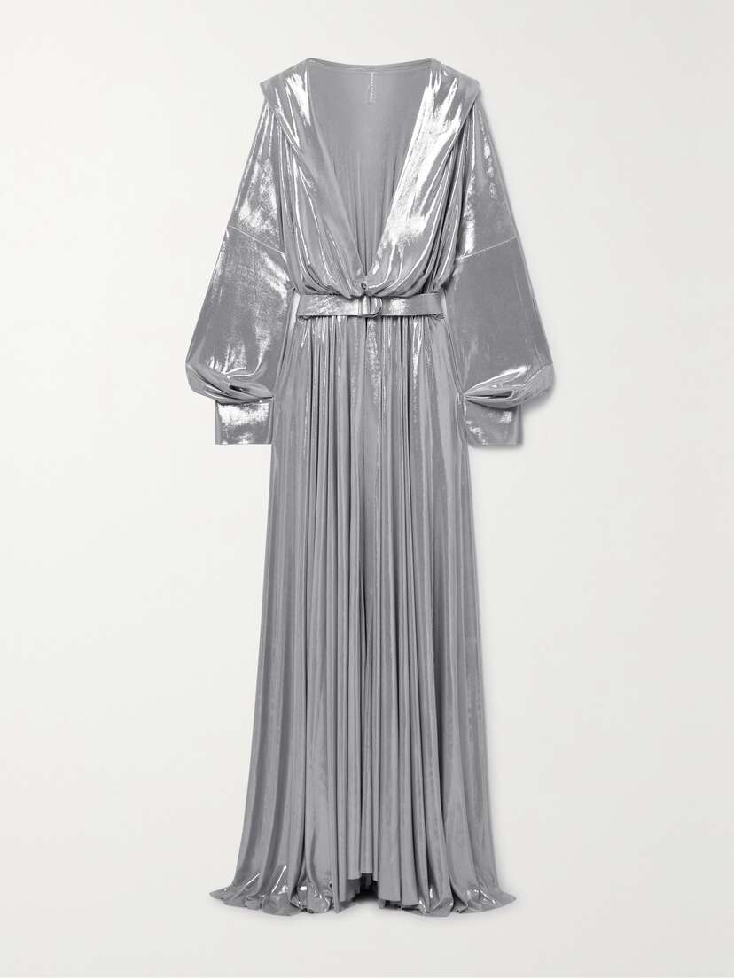 Norma Kamali Belted Gathered Stretch-lamé Gown