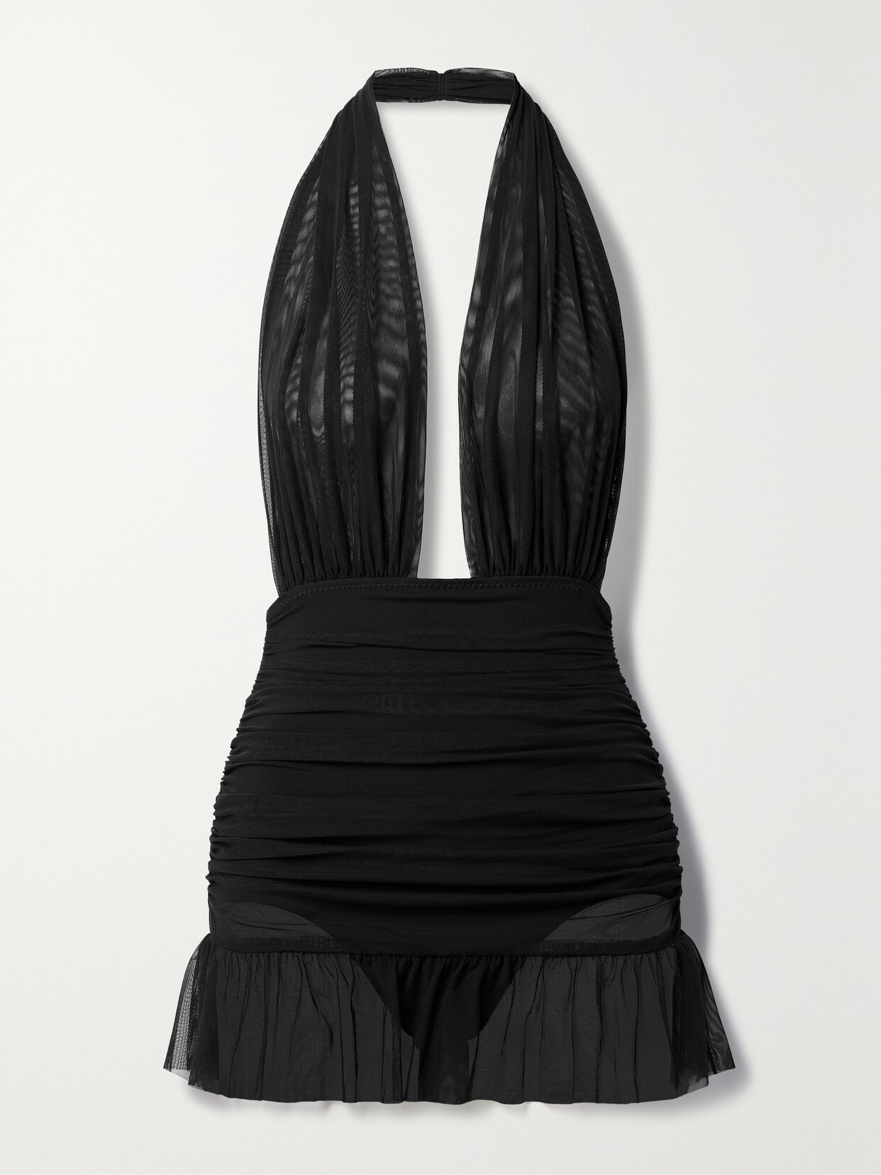 Norma Kamali - Mio Ruched Stretch-mesh Halterneck Mini Dress - Black