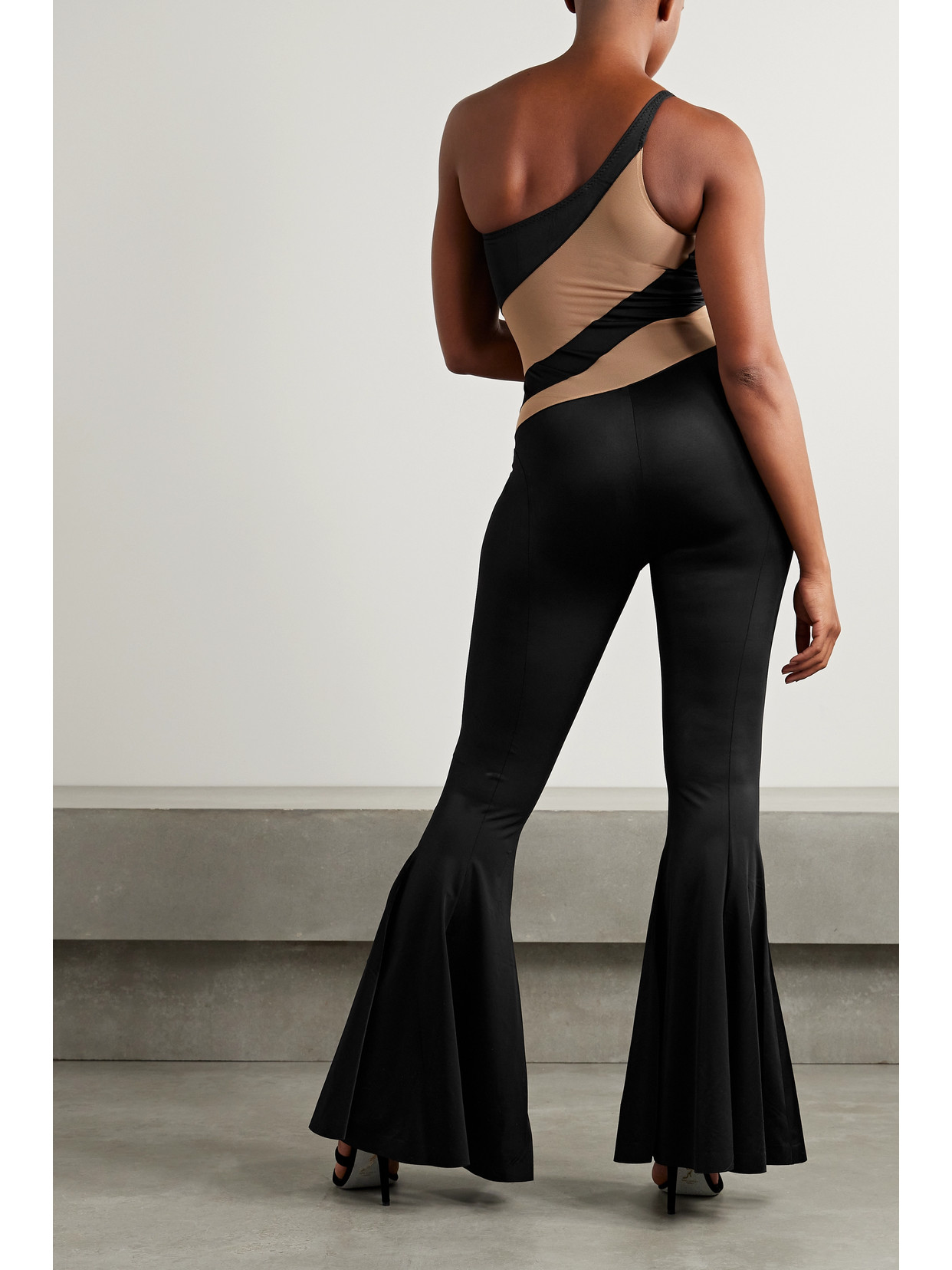 Norma Kamali Snake One-shoulder Mesh-paneled Stretch-jersey Jumpsuit In Black