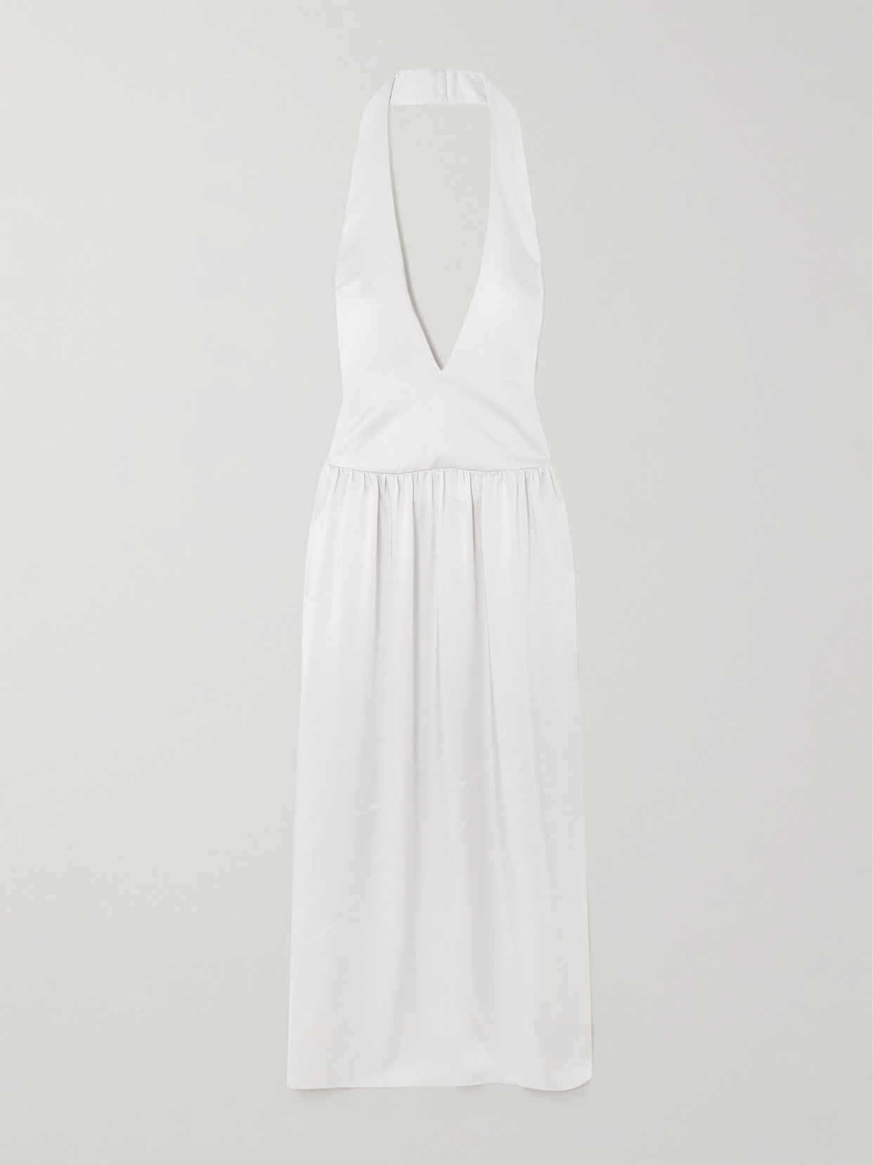 16ARLINGTON - Salina Gathered Satin Halterneck Gown - Silver