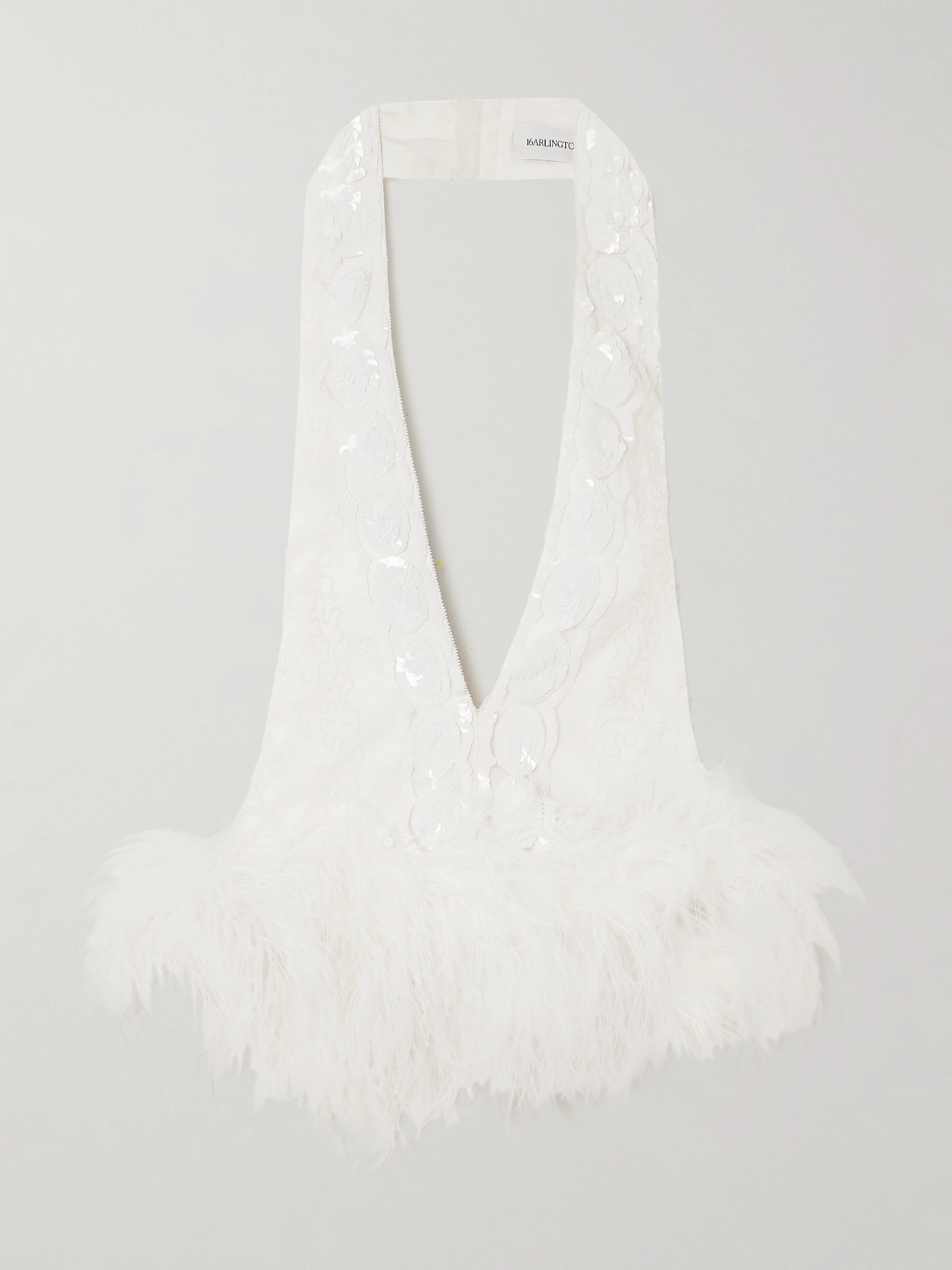 16ARLINGTON Salina Feather-trimmed Embellished Tulle Halterneck Top - White