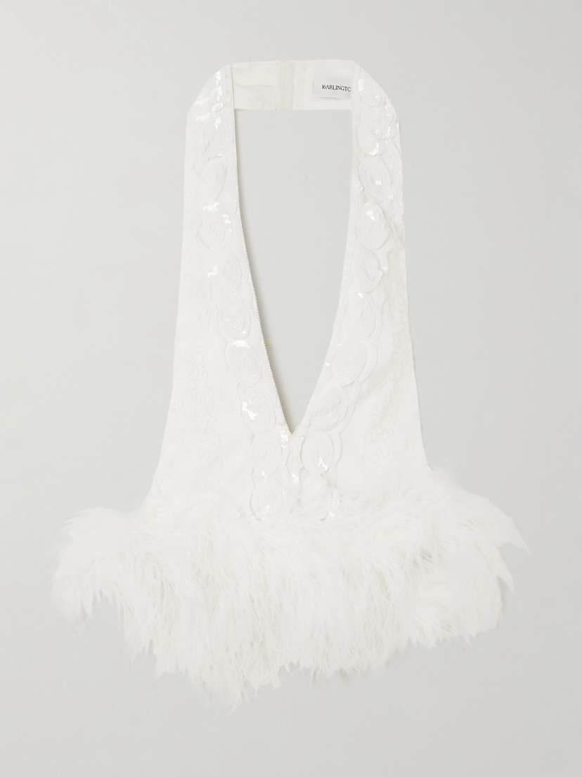 16Arlington Salina Feather-trimmed Embellished Tulle Halterneck Top - UK 14