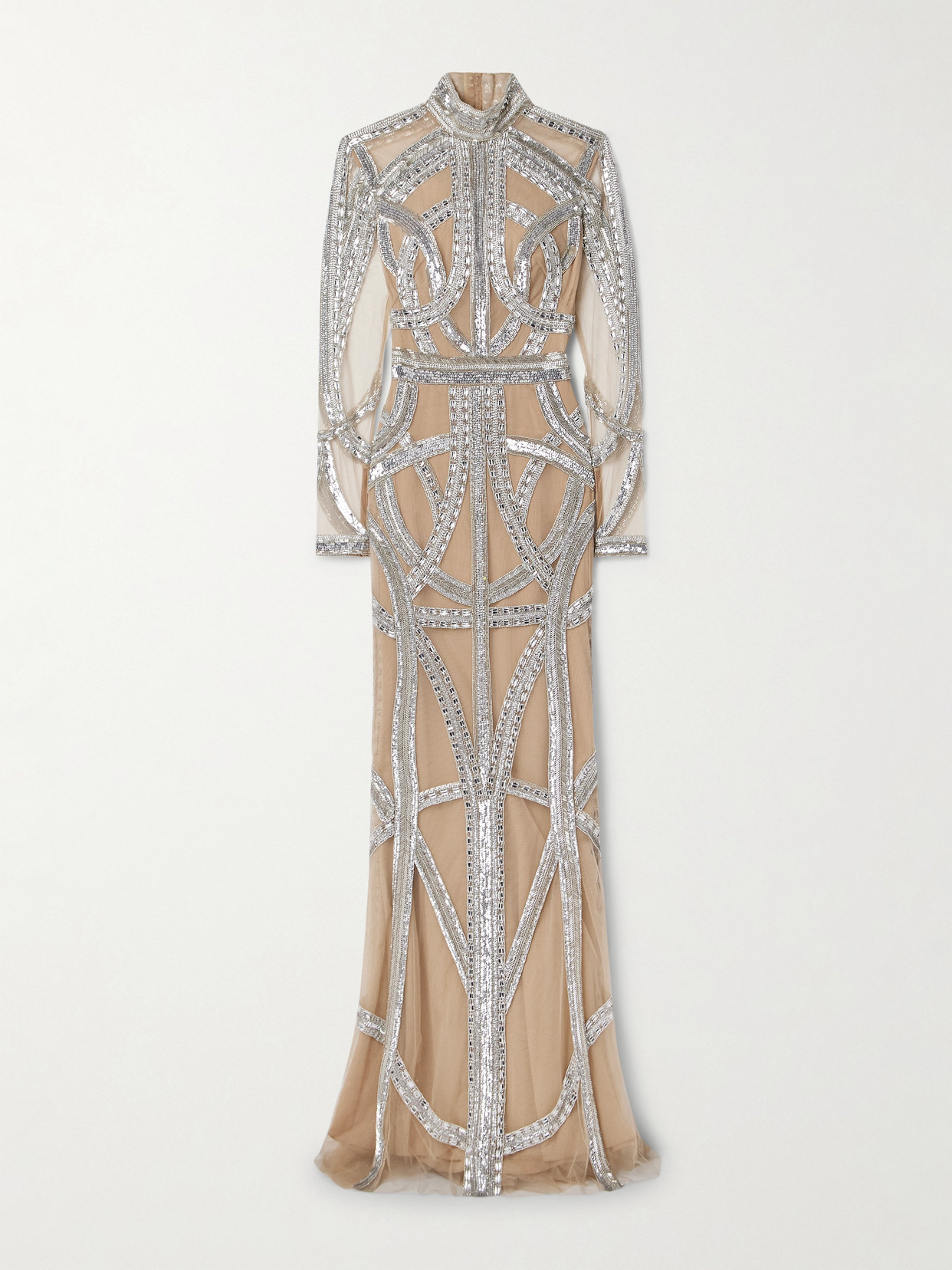 Zuhair Murad - Roads Embellished Tulle Turtleneck Gown - Silver