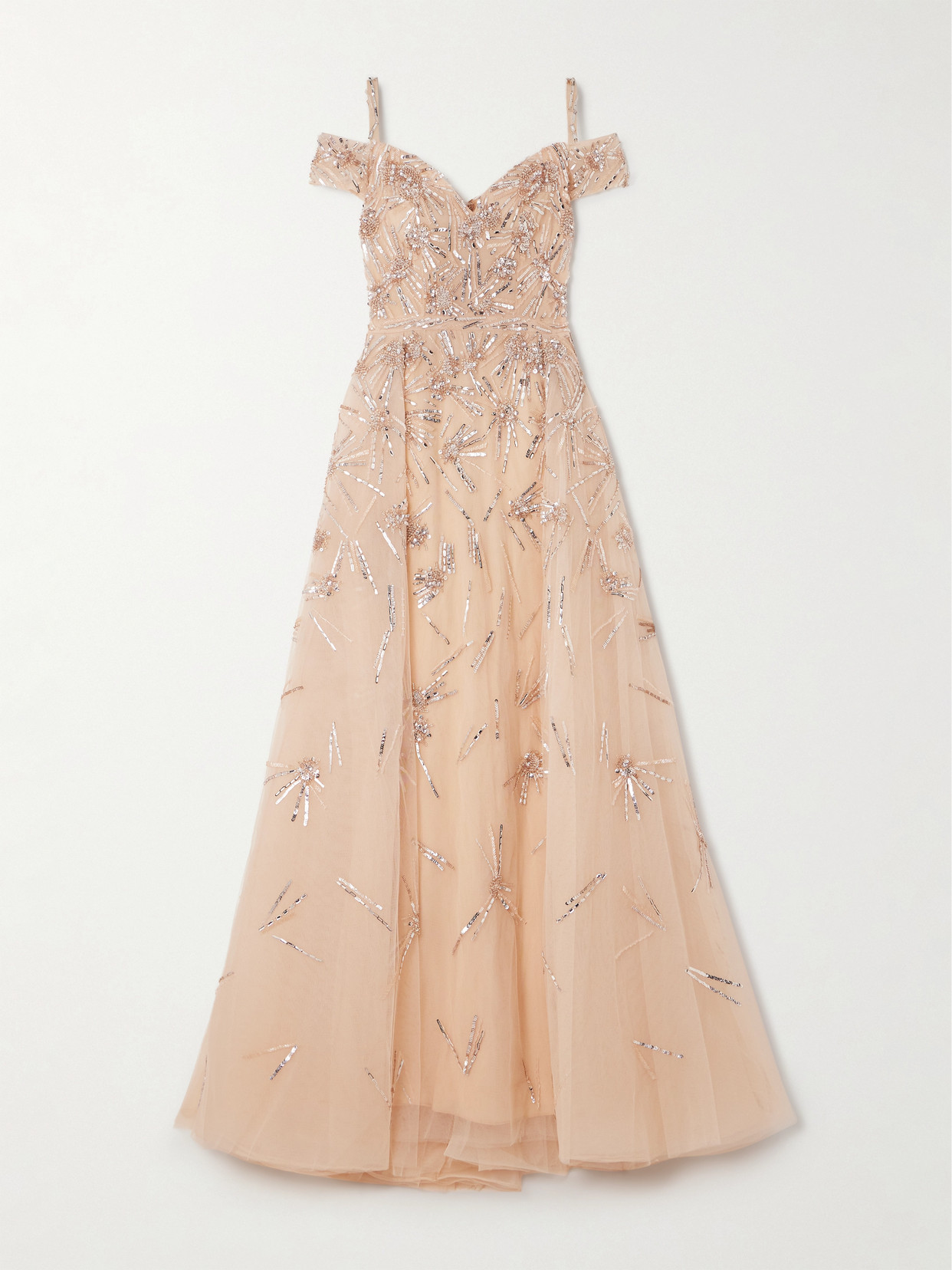 Zuhair Murad Cold-shoulder Crystal-embellished Tulle Gown In Cream