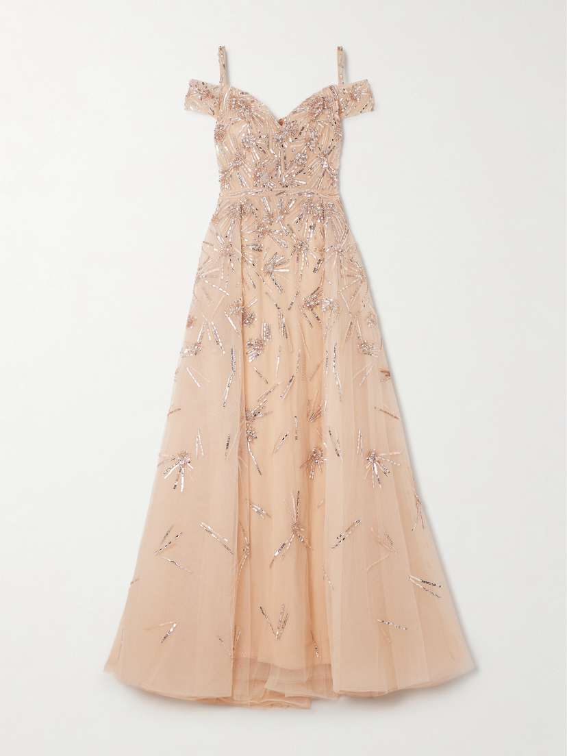 Zuhair Murad Cold-shoulder Crystal-embellished Tulle Gown