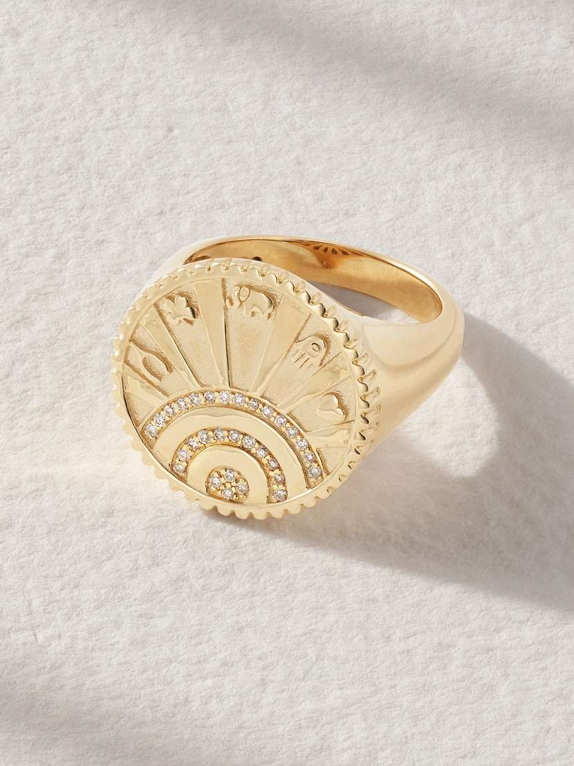 Sydney Evan Small Luck Coin 14-karat Gold Diamond Signet Ring