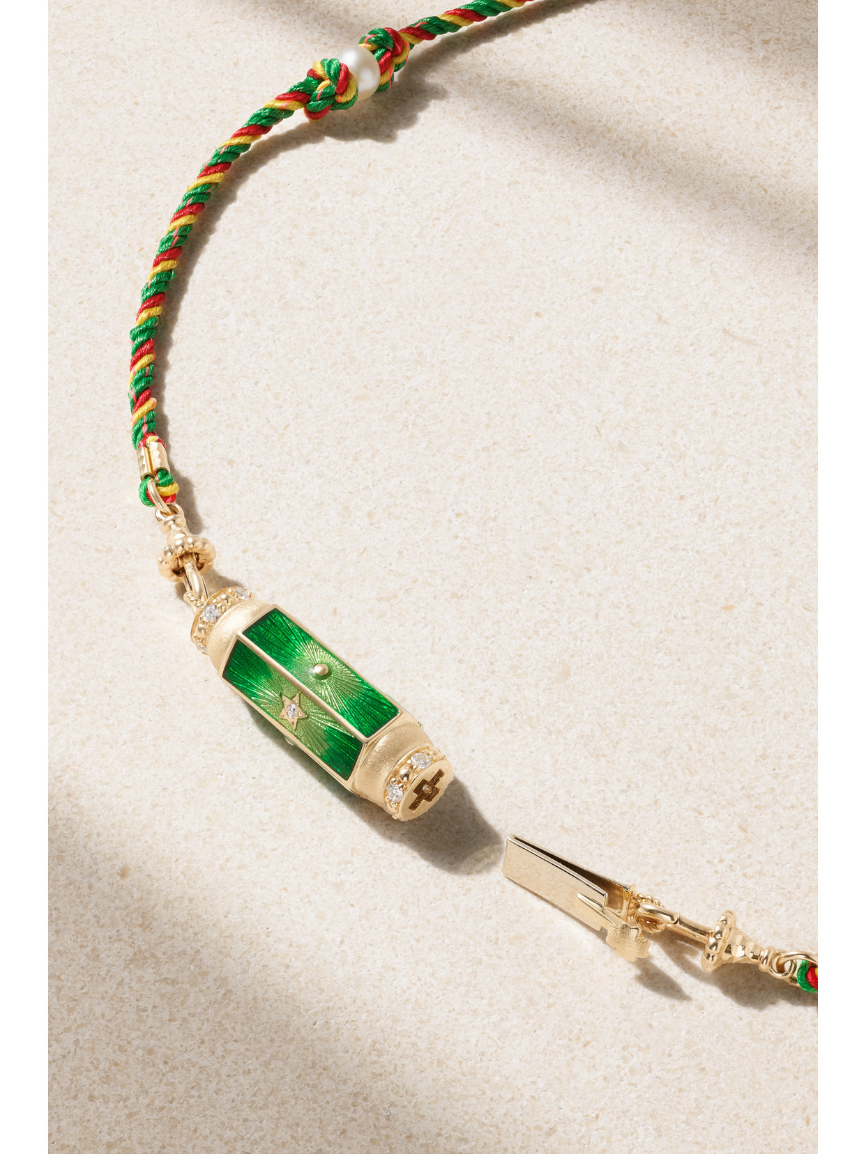 Marie Lichtenberg Baby Locket 14-karat Gold And Cord, Enamel, Diamond And Pearl Necklace In Green