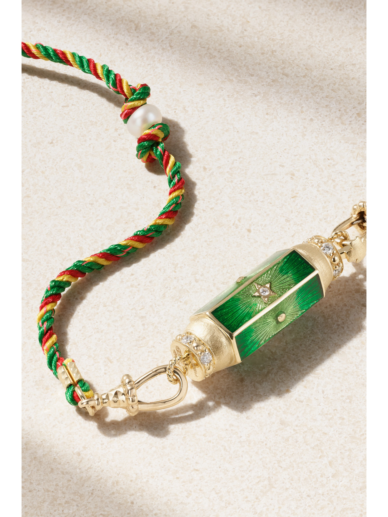 Marie Lichtenberg Baby Locket 14-karat Gold And Cord, Enamel, Diamond And Pearl Necklace In Green