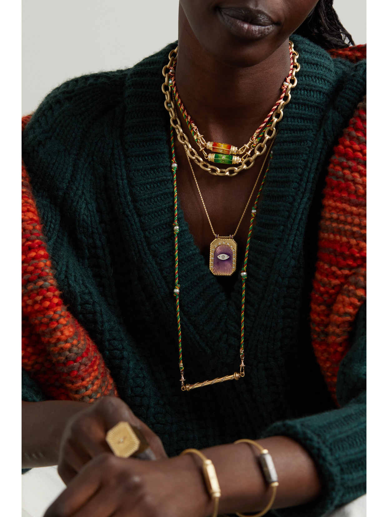 Marie Lichtenberg Baby Locket 14-karat Gold And Cord, Enamel, Diamond And Pearl Necklace In Green