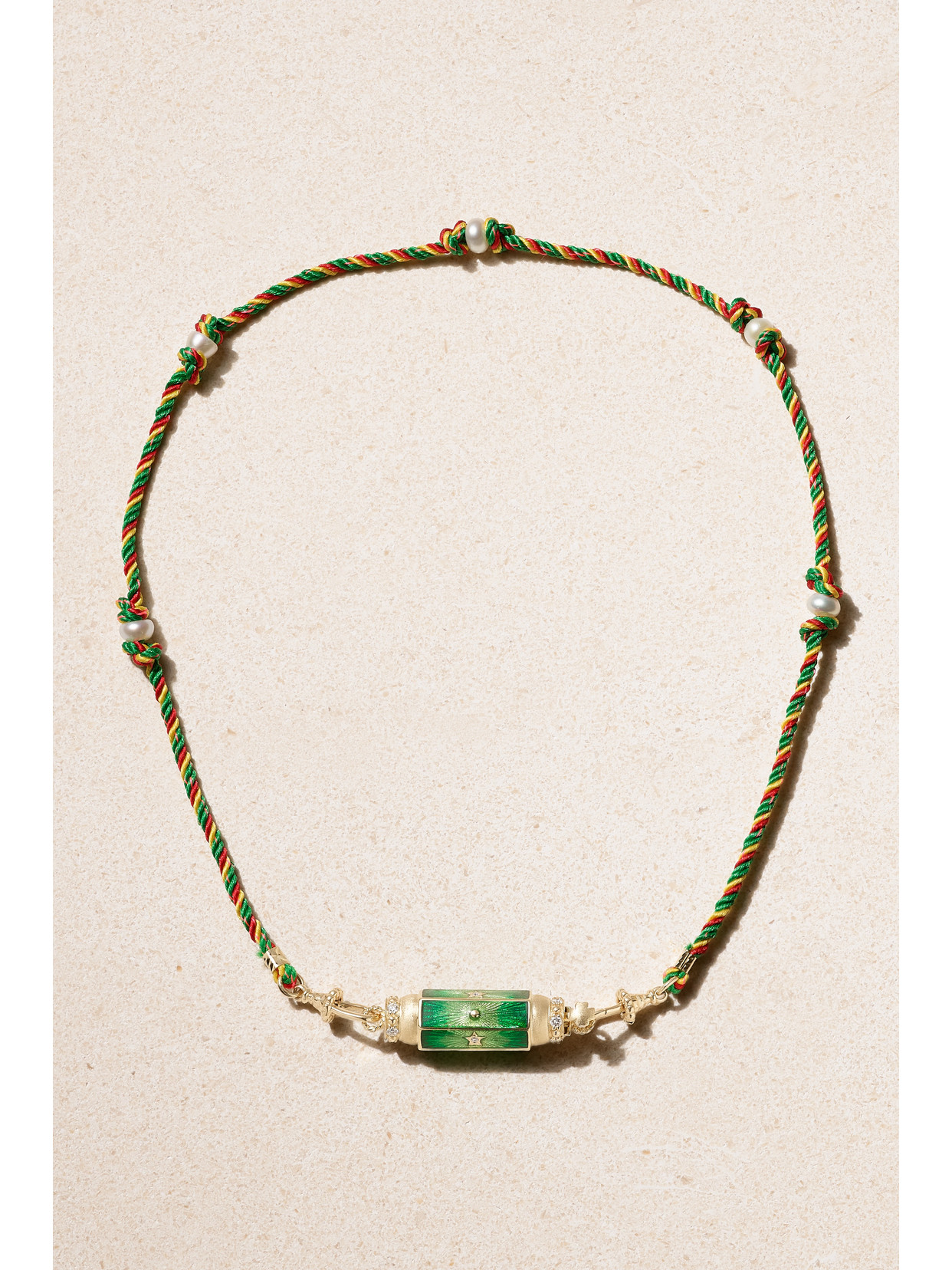 Marie Lichtenberg Baby Locket 14-karat Gold And Cord, Enamel, Diamond And Pearl Necklace In Green