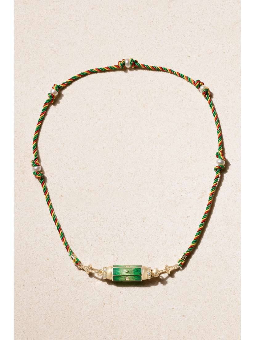 Marie Lichtenberg Baby Locket 14-karat Gold And Cord, Enamel, Diamond And Pearl Necklace