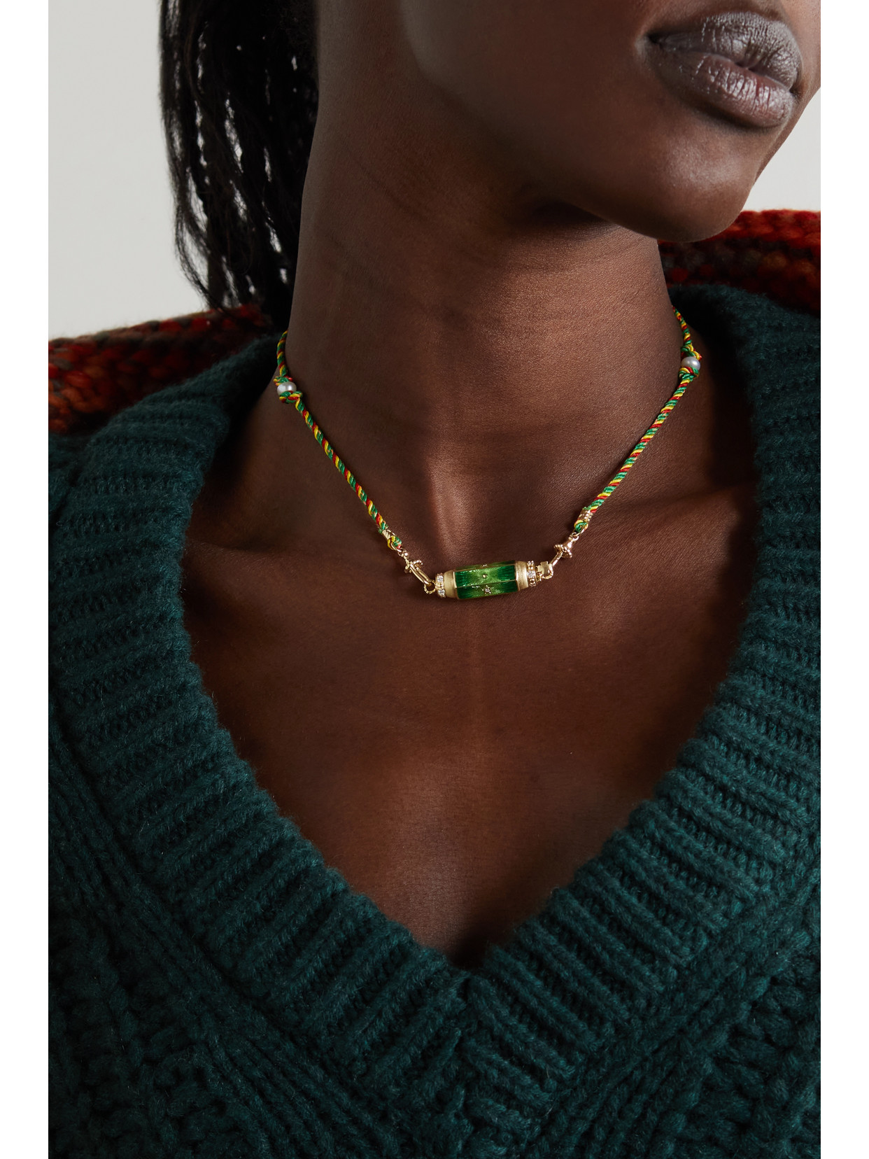 Marie Lichtenberg Baby Locket 14-karat Gold And Cord, Enamel, Diamond And Pearl Necklace In Green