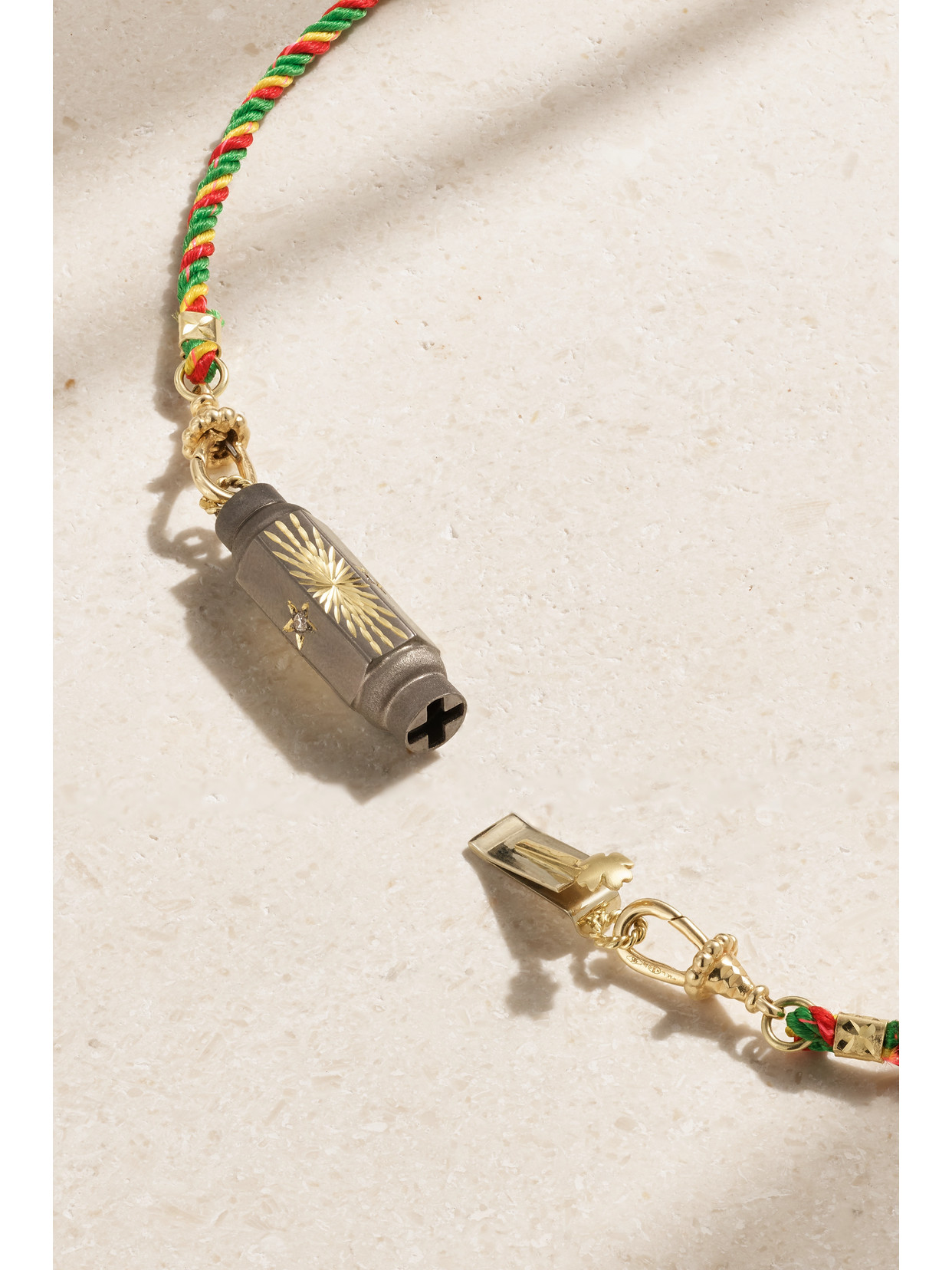 MARIE LICHTENBERG BABY SHINING STAR LOCKET 14-KARAT GOLD, CORD, DIAMOND AND PEARL NECKLACE