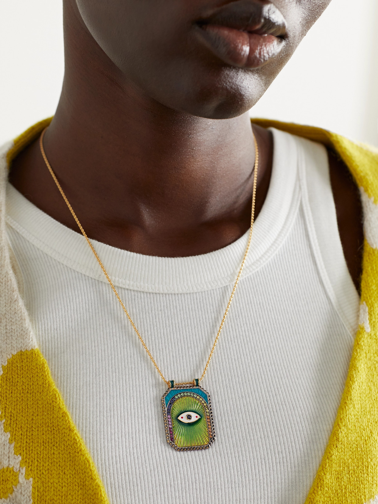 Marie Lichtenberg Eye Protect 18-karat Gold, Enamel, Sapphire And Diamond Necklace In Gold