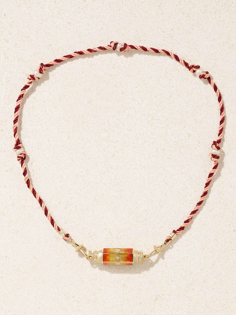 Marie Lichtenberg Baby Locket 14-karat Gold And Cord, Enamel, Diamond And Pearl Necklace