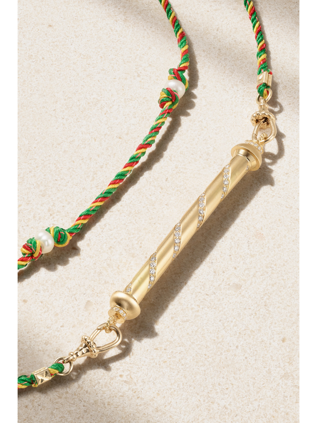 MARIE LICHTENBERG CANDY CANE 18-KARAT GOLD, CORD, PEARL AND DIAMOND NECKLACE