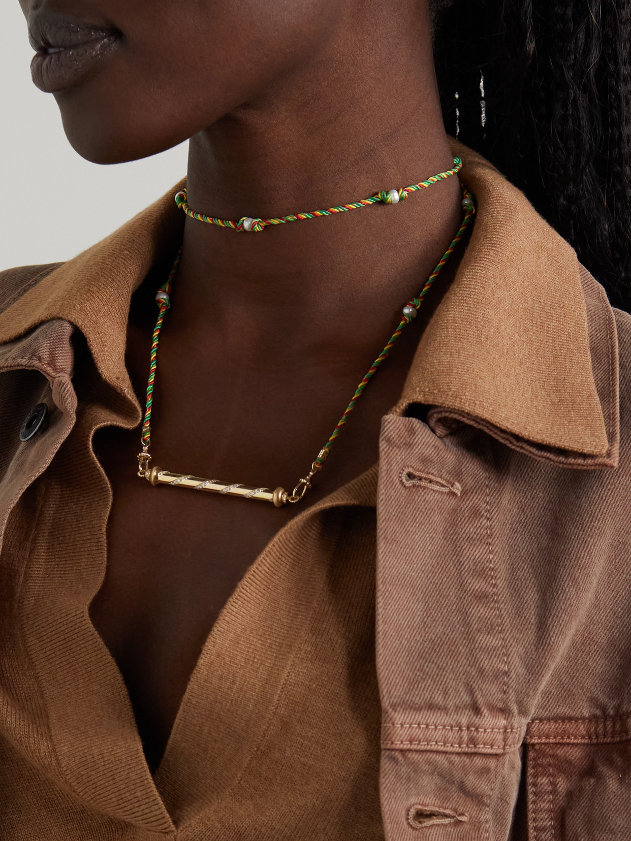 MARIE LICHTENBERG CANDY CANE 18-KARAT GOLD, CORD, PEARL AND DIAMOND NECKLACE