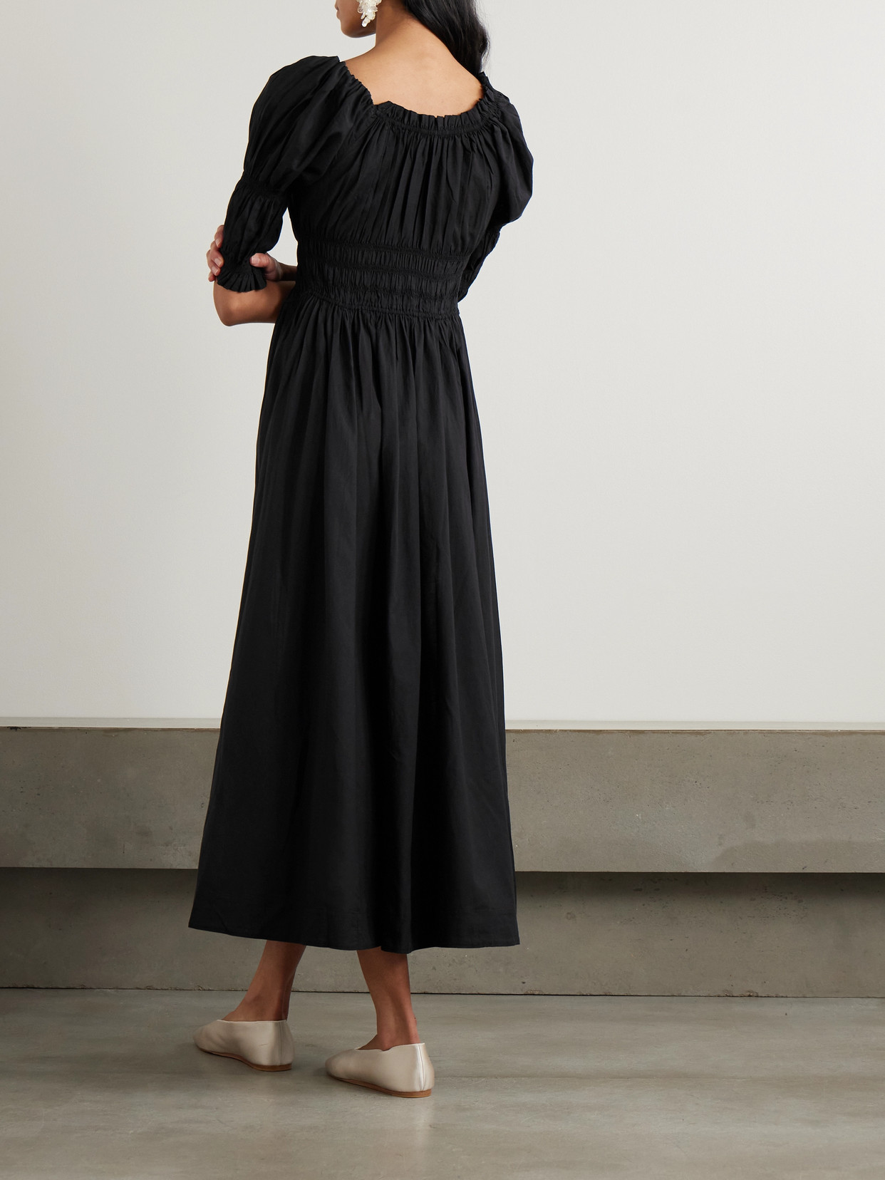 Shop Doen + Net Sustain Ischia Shirred Organic Cotton-voile Midi Dress In Black