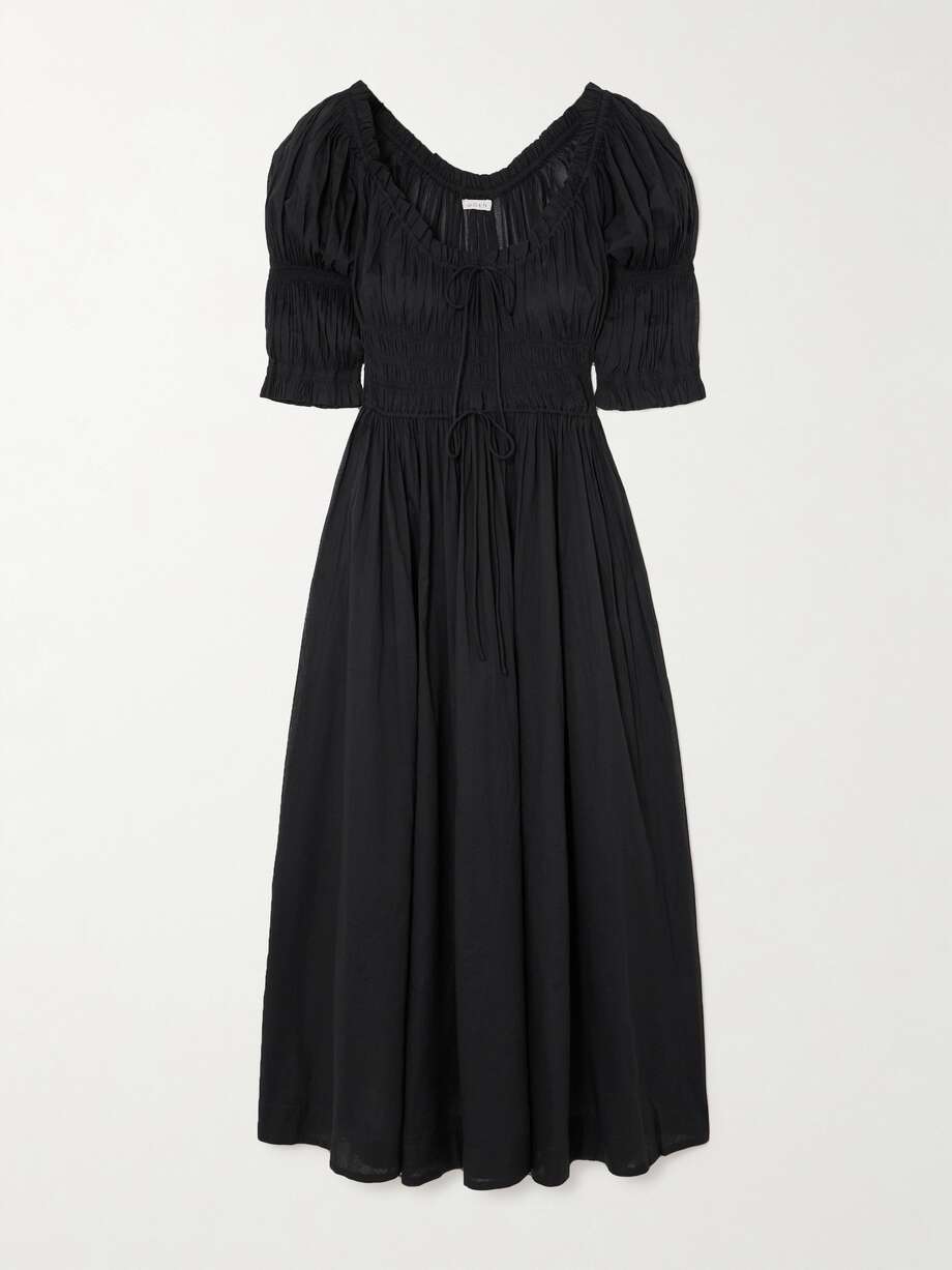 ischia shirred organic cotton-voile midi dress