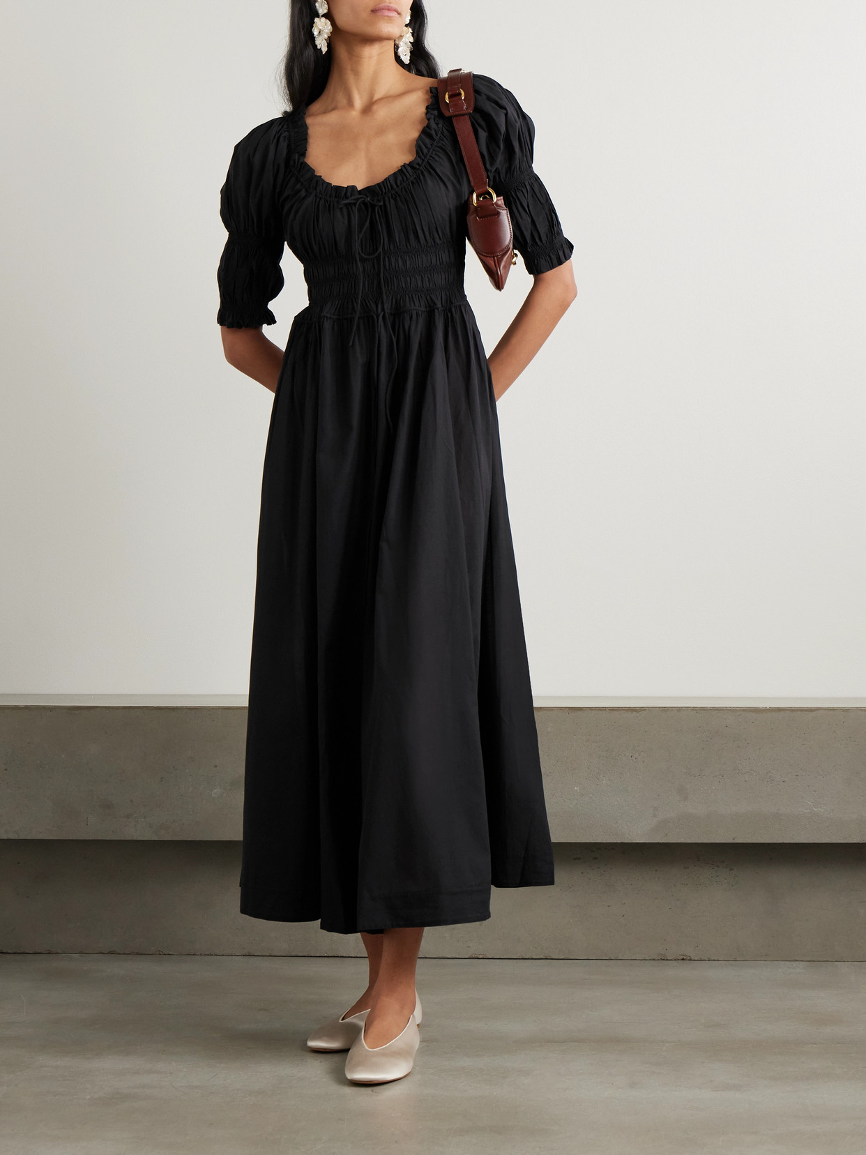 Shop Doen + Net Sustain Ischia Shirred Organic Cotton-voile Midi Dress In Black