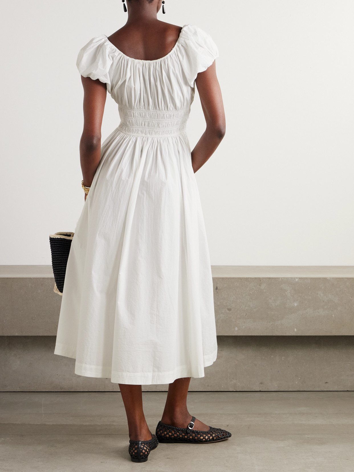 Shop Doen + Net Sustain Quinn Tie-detailed Shirred Organic Cotton-poplin Midi Dress In White