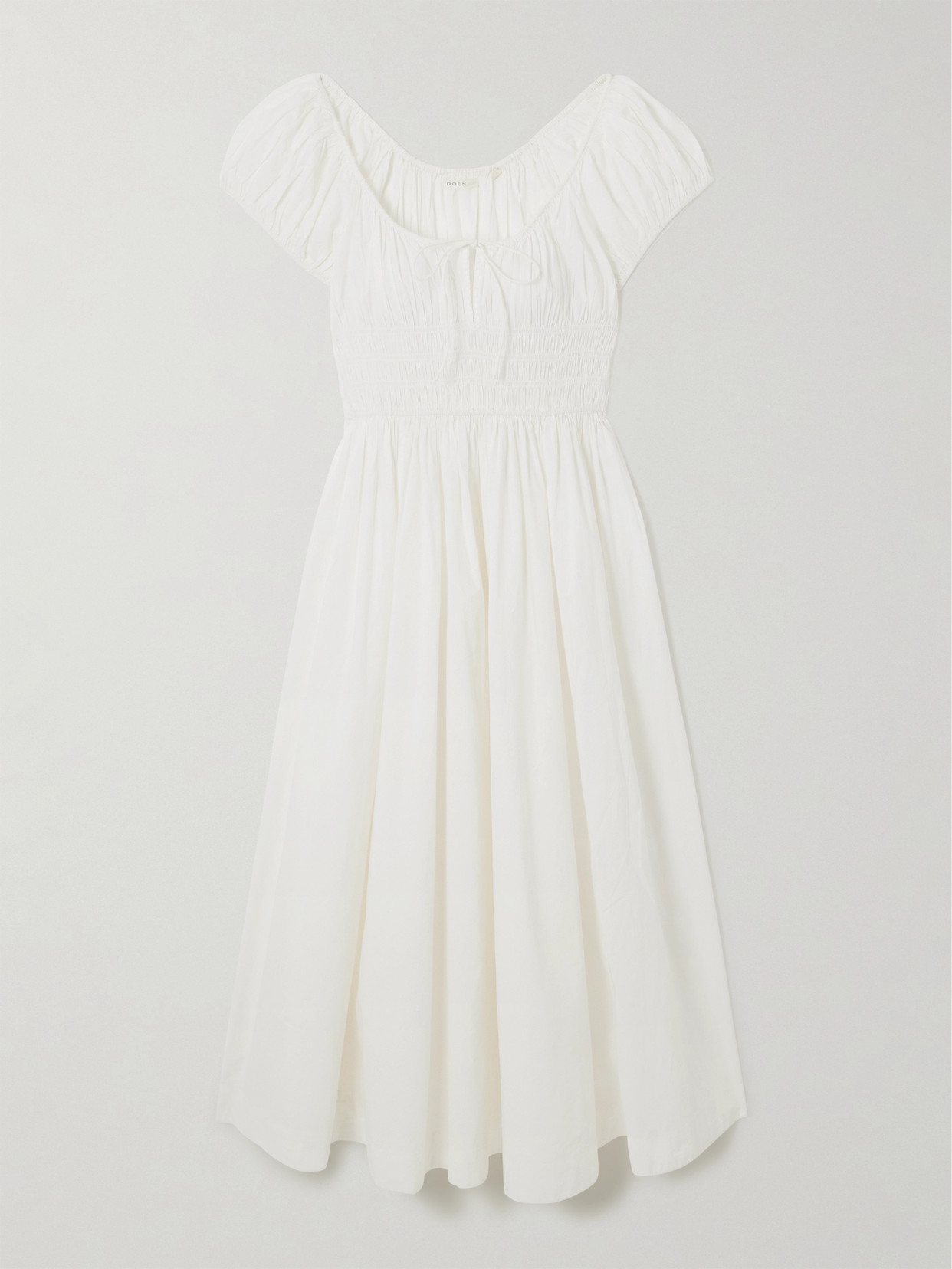 DÔEN - + Net Sustain Quinn Tie-detailed Shirred Organic Cotton-poplin Midi Dress - White