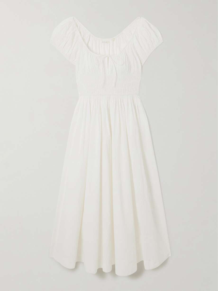 quinn tie-detailed shirred organic cotton-poplin midi dress